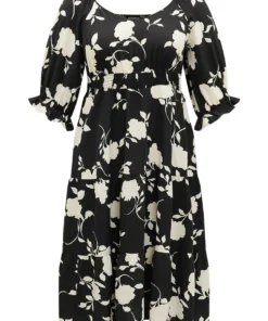 Silhouette Floral Print Gathered Pocket Shirred Dress -Clothing Shop 812076970 tg