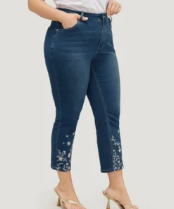 Very Stretchy High Rise Medium Wash Embroidered Hem Jeans -Clothing Shop 812322735 in