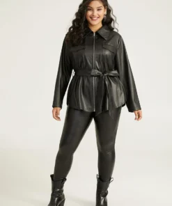 Plain PU Leather Knot Pocket Zipper Belted Jacket -Clothing Shop 813379290 kt