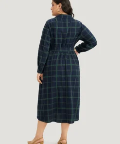 Plaid Shirt Collar Button Fly Belted Dress -Clothing Shop 813481474 zu