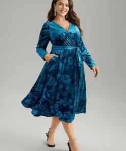 Velvet Silhouette Floral Print Belted Wrap Dress