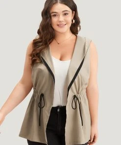 Contrast Trim Hooded Elastic Waist Drawstring Sleeveless Jacket