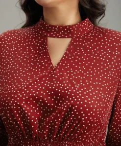 Polka Dot Keyhole Pocket Mock Neck Dress -Clothing Shop 815020247 gi