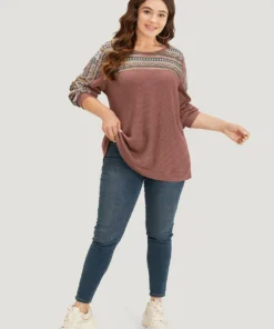 Boho Print Patchwork Waffle Knit Crew Neck Sweatshirt -Clothing Shop 815137611 vi e6180482 b0af 4794 8392 66d34f013f71