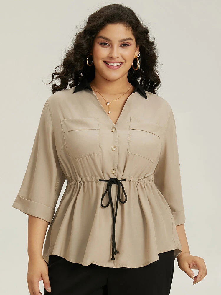 Contrast Drawstring Roll Tab Sleeve Patched Pocket Blouse 5 Contrast Drawstring Roll Tab Sleeve Patched Pocket Blouse - Image 3