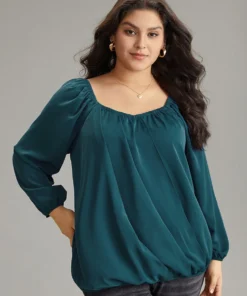 Static-Free Solid Lantern Sleeve Plicated Detail Blouse