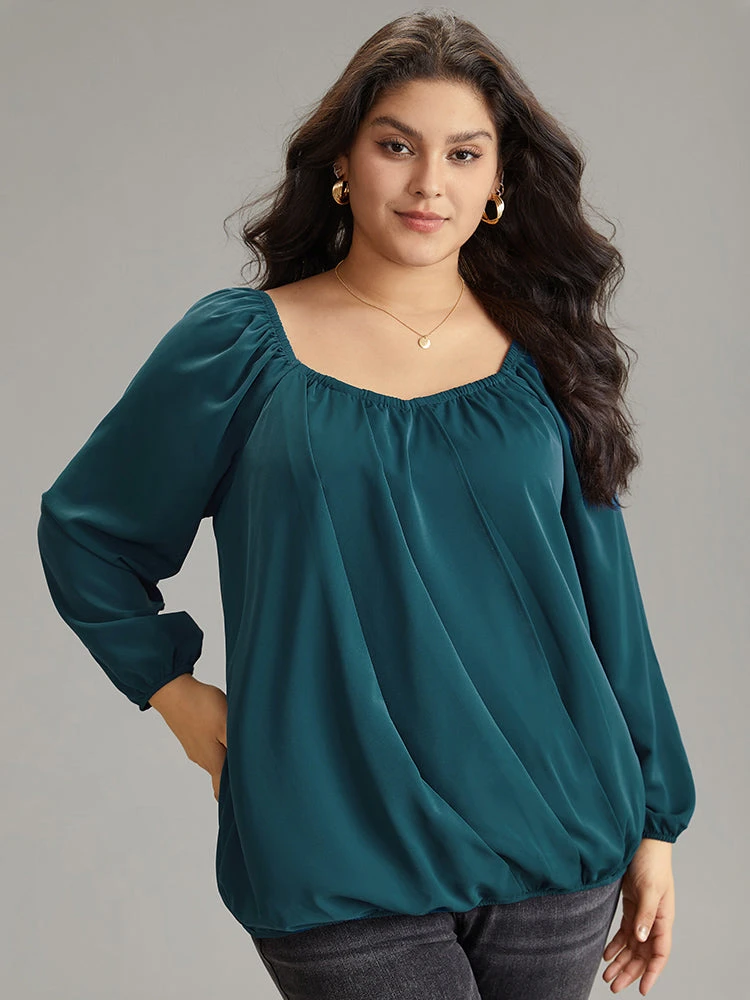 Static-Free Solid Lantern Sleeve Plicated Detail Blouse 3 Static-Free Solid Lantern Sleeve Plicated Detail Blouse