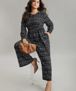 Textured Button Up Elastic Waist Belted Jumpsuit -Clothing Shop 815231291 xf