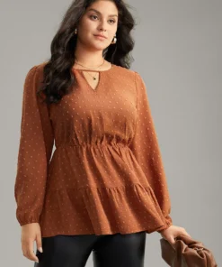 Textured Keyhole Ruffle Layered Hem Blouse