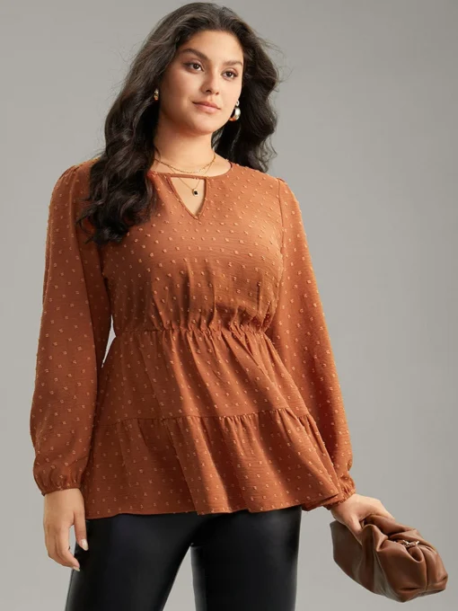 Textured Keyhole Ruffle Layered Hem Blouse -Clothing Shop 815555584 fm