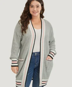 Striped Contrast Drop Shoulder Elastic Cuffs Cardigan