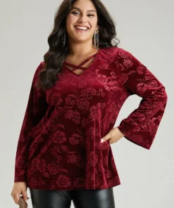 Solid Velvet Floral Crisscross T-shirt -Clothing Shop 816807668 zb