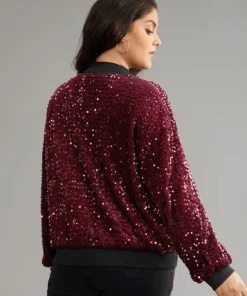 Sequin Zipper Patchwork Contrast Bomber Jacket -Clothing Shop 817584737 ur