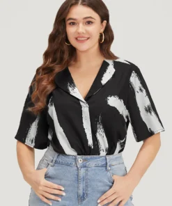 Brush Print Shirt Collar Elastic Waist Bodysuit