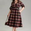 Plaid Notched Elastic Waist Tab Sleeve Dress -Clothing Shop 818029725 zf