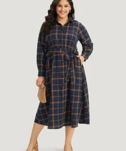 Plaid Shirt Collar Button Fly Belted Dress -Clothing Shop 820318186 bg