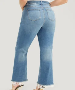 Slightly Stretchy High Rise Dark Wash Lace Hem Jeans -Clothing Shop 820614743 jp