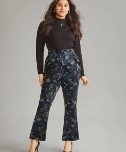 Velvet Floral Elastic Waist High Rise Bootcut Pants -Clothing Shop 820897321 zz