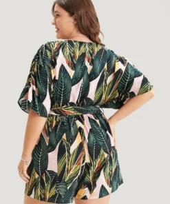 Tropical Print Belt Ruched Sleeve Surplice Neck Jumpsuit -Clothing Shop 821410171 ej