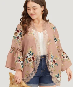 Contrast Lace Ruffle Open Front Cut Out Kimono