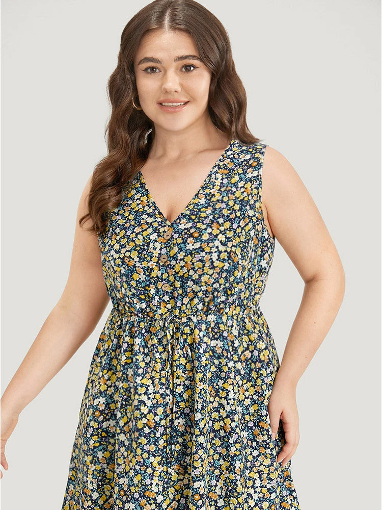 Ditsy Floral V Neck Pocket Gathered Sleeveless Dress 7 Ditsy Floral V Neck Pocket Gathered Sleeveless Dress - Image 5