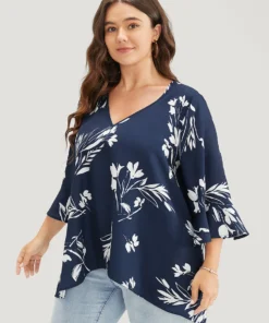 Floral Asymmetrical Hem Ruffle Trim Flounce Sleeve Blouse -Clothing Shop 822199258 kd 1f531178 26b4 4e2a 9aec f0c4aceb90ea