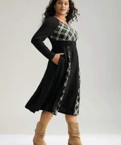Christmas Plaid Patchwork Button Detail Dress -Clothing Shop 822871760 pf