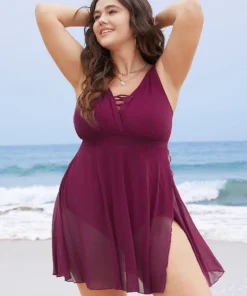 Plain Crisscross Wrap Mesh Ruffle Split Swim Dress