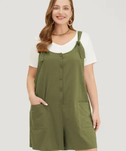 Solid Pocket Button Detail Knot Shoulder Overall Romper -Clothing Shop 823930925 ik 85ff2f7c 53ae 4a76 b16a f622dba48b61
