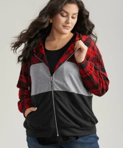 Plaid Contrast Patchwork Drawstring Zipper Jacket -Clothing Shop 823971095 ux