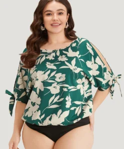 Silhouette Floral Print Knotted Cut Out Round Neck Bodysuit -Clothing Shop 824002205 gu