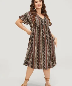 Bandana Print Pocket V Neck Ruffle Sleeve Dress -Clothing Shop 82415787 tl