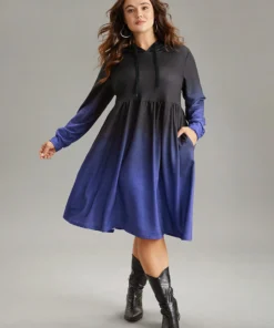 Ombre Elastic Waist Drawstring Hooded Dress -Clothing Shop 825093953 ji