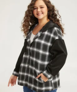 Plaid Hooded Patched Pocket Button Up Patchwork Coat -Clothing Shop 825541451 gp d5ca8328 be38 4464 89f7 2ff6640fc05b