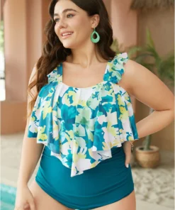 Floral Print Ruffle Trim Square Neck One Piece Swimsuit