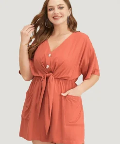 Solid Pocket Button Up Belted Knotted Front Romper