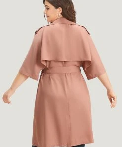 Plain Pocket Button Up Belted Lapel Collar Coat -Clothing Shop 826175133 wp