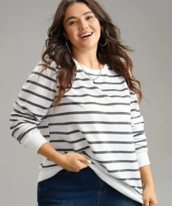 Rib Knit Striped Round Neck Sweatshirt -Clothing Shop 826796769 bu