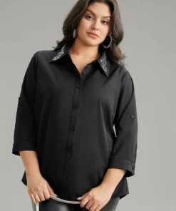 Anti-Wrinkle Rhinestone Button Up Tab Sleeve Blouse -Clothing Shop 827097140 hq