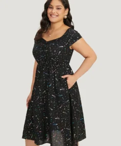 Star Glitter Pocket Ruched Square Neck Dress -Clothing Shop 827322369 vp