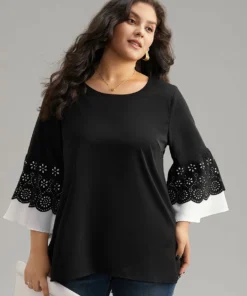 Anti-Wrinkle Laser Cut Contrast Ruffles Blouse -Clothing Shop 827679939 pp