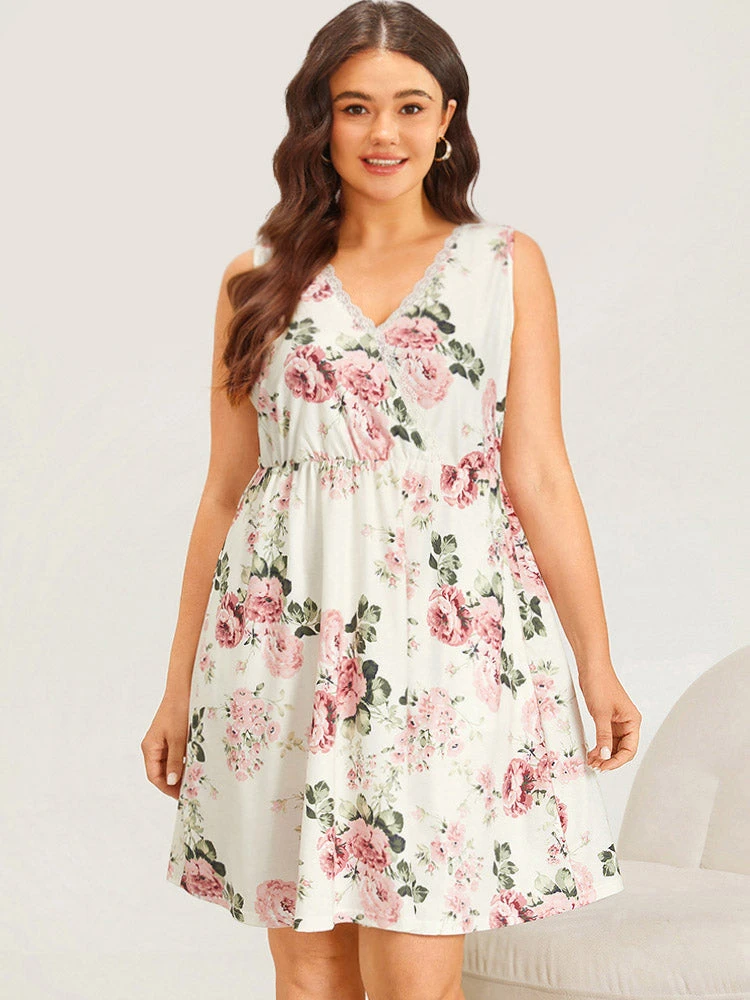 Floral Print Pocket Lace Panel Overlap Collar Tank Sleep Dress 3 Floral Print Pocket Lace Panel Overlap Collar Tank Sleep Dress