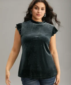 Velvet Frill Trim Ruffle Cap Sleeve Tank Top