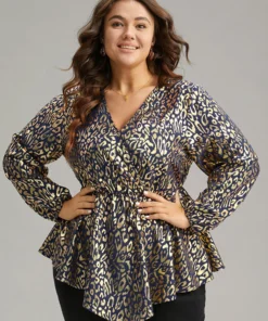 Glitter Leopard Wrap Elastic Waist Lantern Sleeve Blouse 13 Glitter Leopard Wrap Elastic Waist Lantern Sleeve Blouse -Clothing Shop 828751351 vc