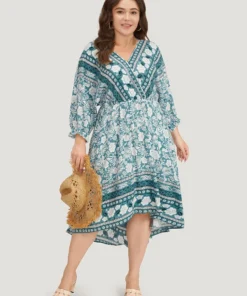 Floral Print Pocket Surplice Neck Ruffle Trim Dress -Clothing Shop 829102446 iy