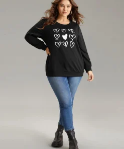 Heart Print Round Neck Sweatshirt -Clothing Shop 829523449 ur