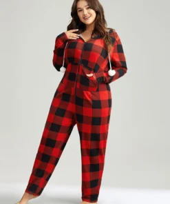 Plaid Zipper Hooded Fluffy Ball Pocket Sleep Jumpsuit 12 Plaid Zipper Hooded Fluffy Ball Pocket Sleep Jumpsuit -Clothing Shop 829861552 cq