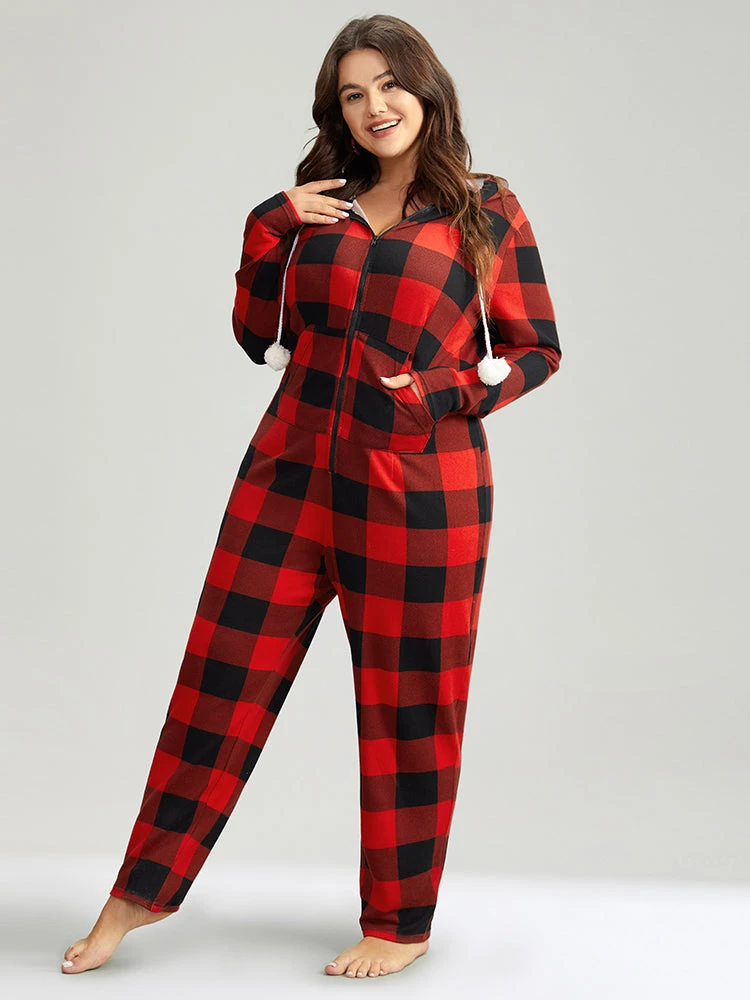 Plaid Zipper Hooded Fluffy Ball Pocket Sleep Jumpsuit 6 Plaid Zipper Hooded Fluffy Ball Pocket Sleep Jumpsuit - Image 4