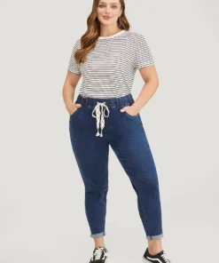 Moderately Stretchy High Rise Dark Wash Roll Hem Drawstring Jeans -Clothing Shop 829977549 wy