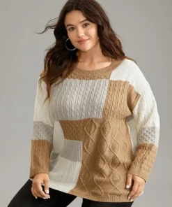 Cable Knit Colorblock Patchwork Pullover -Clothing Shop 830105279 ko